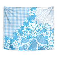 Blue Palaka Hawaiian And Japanese Tapestry Maneki Neko And Sakura Bloom