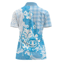 Blue Palaka Hawaiian And Japanese Women Polo Shirt Maneki Neko And Sakura Bloom