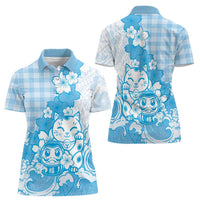 Blue Palaka Hawaiian And Japanese Women Polo Shirt Maneki Neko And Sakura Bloom