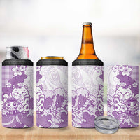 Purple Palaka Hawaiian And Japanese 4 in 1 Can Cooler Tumbler Maneki Neko And Sakura Bloom