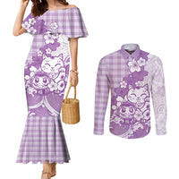Purple Palaka Hawaiian And Japanese Couples Matching Mermaid Dress and Long Sleeve Button Shirt Maneki Neko And Sakura Bloom