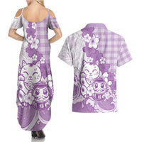 Purple Palaka Hawaiian And Japanese Couples Matching Summer Maxi Dress and Hawaiian Shirt Maneki Neko And Sakura Bloom