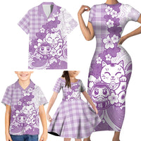 Purple Palaka Hawaiian And Japanese Family Matching Short Sleeve Bodycon Dress and Hawaiian Shirt Maneki Neko And Sakura Bloom DT05 - Polynesian Pride