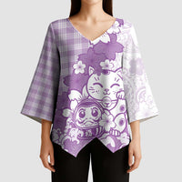 Purple Palaka Hawaiian And Japanese Kimono Sleeve Blouse Maneki Neko And Sakura Bloom