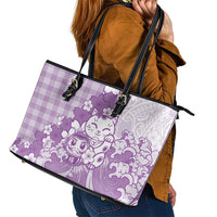 Purple Palaka Hawaiian And Japanese Leather Tote Bag Maneki Neko And Sakura Bloom