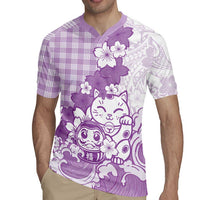 Purple Palaka Hawaiian And Japanese Rugby Jersey Maneki Neko And Sakura Bloom