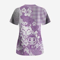 Purple Palaka Hawaiian And Japanese Scrub Top Maneki Neko And Sakura Bloom