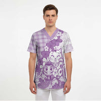 Purple Palaka Hawaiian And Japanese Scrub Top Maneki Neko And Sakura Bloom