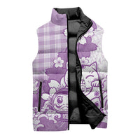 Purple Palaka Hawaiian And Japanese Sleeveless Puffer Jacket Maneki Neko And Sakura Bloom
