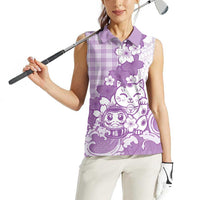 Purple Palaka Hawaiian And Japanese Women Sleeveless Polo Shirt Maneki Neko And Sakura Bloom