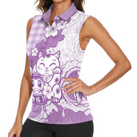 Purple Palaka Hawaiian And Japanese Women Sleeveless Polo Shirt Maneki Neko And Sakura Bloom