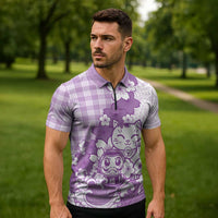 Purple Palaka Hawaiian And Japanese Zipper Polo Shirt Maneki Neko And Sakura Bloom