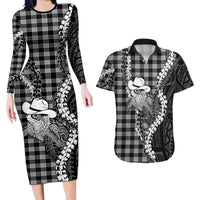 Black Hawaii Palaka Cowboy Turtle Couples Matching Long Sleeve Bodycon Dress and Hawaiian Shirt Hawaiian Paniolo Puakenikeni Maile Lei DT05 Black - Polynesian Pride