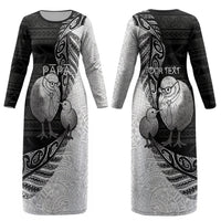 Personalised New Zealand Father's Day Couples Matching Long Sleeve Bodycon Dress and Hawaiian Shirt Papa Kiwi Bird Tribal Pattern DT05 - Polynesian Pride