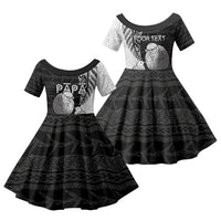 Personalised New Zealand Father's Day Family Matching Short Sleeve Bodycon Dress and Hawaiian Shirt Papa Kiwi Bird Tribal Pattern DT05 Daughter's Dress Black - Polynesian Pride