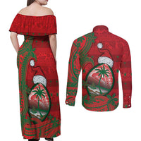 Guam Christmas Couples Matching Off Shoulder Maxi Dress and Long Sleeve Button Shirt Chamorro Seal Hat Santa Tribal Waves - Polynesian Pride