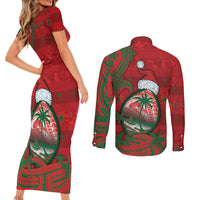 Guam Christmas Couples Matching Short Sleeve Bodycon Dress and Long Sleeve Button Shirt Chamorro Seal Hat Santa Tribal Waves - Polynesian Pride