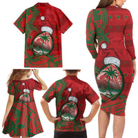 Guam Christmas Family Matching Long Sleeve Bodycon Dress and Hawaiian Shirt Chamorro Seal Hat Santa Tribal Waves DT05 - Polynesian Pride