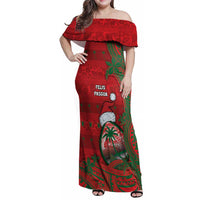 Guam Christmas Family Matching Off Shoulder Maxi Dress and Hawaiian Shirt Chamorro Seal Hat Santa Tribal Waves DT05 Mom's Dress Red - Polynesian Pride