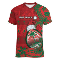Guam Christmas Women V-Neck T-Shirt Chamorro Seal Hat Santa Tribal Waves - Polynesian Pride