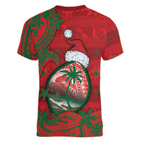 Guam Christmas Women V-Neck T-Shirt Chamorro Seal Hat Santa Tribal Waves - Polynesian Pride