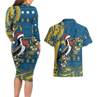 Nauru Christmas Couples Matching Long Sleeve Bodycon Dress and Hawaiian Shirt Frigatebird Bird Santa Tribal Waves DT05 - Polynesian Pride