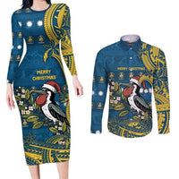 Nauru Christmas Couples Matching Long Sleeve Bodycon Dress and Long Sleeve Button Shirt Frigatebird Bird Santa Tribal Waves DT05 Deep Blue - Polynesian Pride