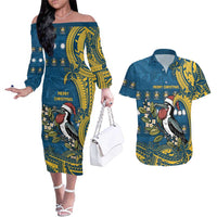 Nauru Christmas Couples Matching Off The Shoulder Long Sleeve Dress and Hawaiian Shirt Frigatebird Bird Santa Tribal Waves DT05 Deep Blue - Polynesian Pride