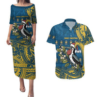 Nauru Christmas Couples Matching Puletasi and Hawaiian Shirt Frigatebird Bird Santa Tribal Waves - Polynesian Pride