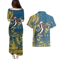 Nauru Christmas Couples Matching Puletasi and Hawaiian Shirt Frigatebird Bird Santa Tribal Waves - Polynesian Pride