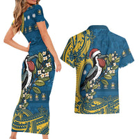 Nauru Christmas Couples Matching Short Sleeve Bodycon Dress and Hawaiian Shirt Frigatebird Bird Santa Tribal Waves DT05 - Polynesian Pride