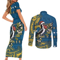Nauru Christmas Couples Matching Short Sleeve Bodycon Dress and Long Sleeve Button Shirt Frigatebird Bird Santa Tribal Waves DT05 - Polynesian Pride