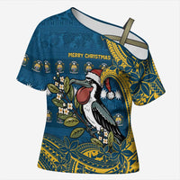 Nauru Christmas Cross Shoulder Shirt Frigatebird Bird Santa Tribal Waves - Polynesian Pride