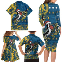 Nauru Christmas Family Matching Long Sleeve Bodycon Dress and Hawaiian Shirt Frigatebird Bird Santa Tribal Waves DT05 - Polynesian Pride