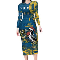 Nauru Christmas Family Matching Long Sleeve Bodycon Dress and Hawaiian Shirt Frigatebird Bird Santa Tribal Waves DT05 Mom's Dress Deep Blue - Polynesian Pride