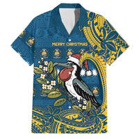 Nauru Christmas Family Matching Mermaid Dress and Hawaiian Shirt Frigatebird Bird Santa Tribal Waves DT05 Dad's Shirt - Short Sleeve Deep Blue - Polynesian Pride