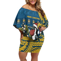 Nauru Christmas Family Matching Off Shoulder Short Dress and Hawaiian Shirt Frigatebird Bird Santa Tribal Waves DT05 Mom's Dress Deep Blue - Polynesian Pride