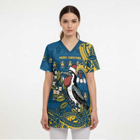 Nauru Christmas Scrub Top Frigatebird Bird Santa Tribal Waves - Polynesian Pride
