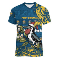 Nauru Christmas Women V-Neck T-Shirt Frigatebird Bird Santa Tribal Waves - Polynesian Pride