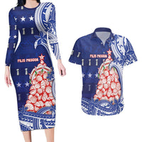 Northern Mariana Islands Christmas Couples Matching Long Sleeve Bodycon Dress and Hawaiian Shirt Seashell Xmas Tree Tribal Waves DT05 Navy - Polynesian Pride