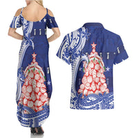 Northern Mariana Islands Christmas Couples Matching Summer Maxi Dress and Hawaiian Shirt Seashell Xmas Tree Tribal Waves - Polynesian Pride