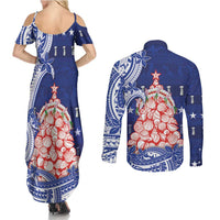 Northern Mariana Islands Christmas Couples Matching Summer Maxi Dress and Long Sleeve Button Shirt Seashell Xmas Tree Tribal Waves - Polynesian Pride