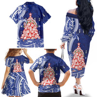 Northern Mariana Islands Christmas Family Matching Off The Shoulder Long Sleeve Dress and Hawaiian Shirt Seashell Xmas Tree Tribal Waves DT05 - Polynesian Pride