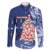 Northern Mariana Islands Christmas Family Matching Off Shoulder Maxi Dress and Hawaiian Shirt Seashell Xmas Tree Tribal Waves DT05 Dad's Shirt - Long Sleeve Navy - Polynesian Pride