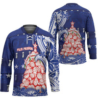 Northern Mariana Islands Christmas Hockey Jersey Seashell Xmas Tree Tribal Waves - Polynesian Pride