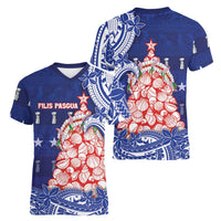 Northern Mariana Islands Christmas Women V-Neck T-Shirt Seashell Xmas Tree Tribal Waves - Polynesian Pride