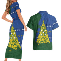 Solomon Islands Christmas Couples Matching Short Sleeve Bodycon Dress and Hawaiian Shirt Seashell Xmas Tree Tribal Waves - Polynesian Pride