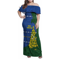 Solomon Islands Christmas Family Matching Off Shoulder Maxi Dress and Hawaiian Shirt Seashell Xmas Tree Tribal Waves DT05 Mom's Dress Navy - Polynesian Pride