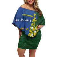 Solomon Islands Christmas Family Matching Off Shoulder Short Dress and Hawaiian Shirt Seashell Xmas Tree Tribal Waves DT05 Mom's Dress Navy - Polynesian Pride