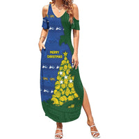 Solomon Islands Christmas Family Matching Summer Maxi Dress and Hawaiian Shirt Seashell Xmas Tree Tribal Waves DT05 Mom's Dress Navy - Polynesian Pride